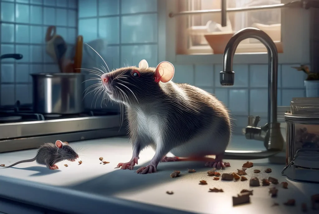 rata con cría, comiendo restos de comida en una cocina